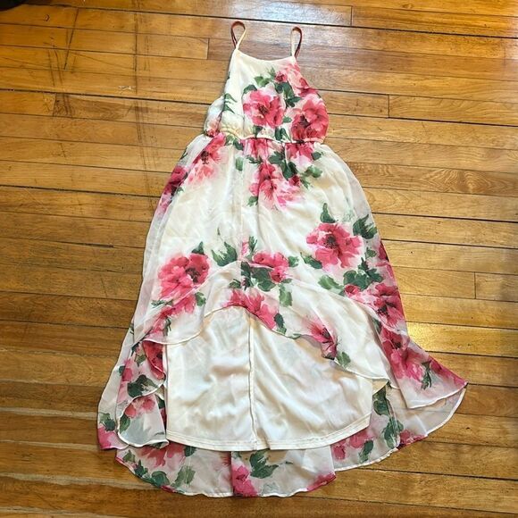 Poppies and Roses Girl’s White and Pink Floral Hi-Lo Maxi Dress Size 10 - Picture 1 of 6